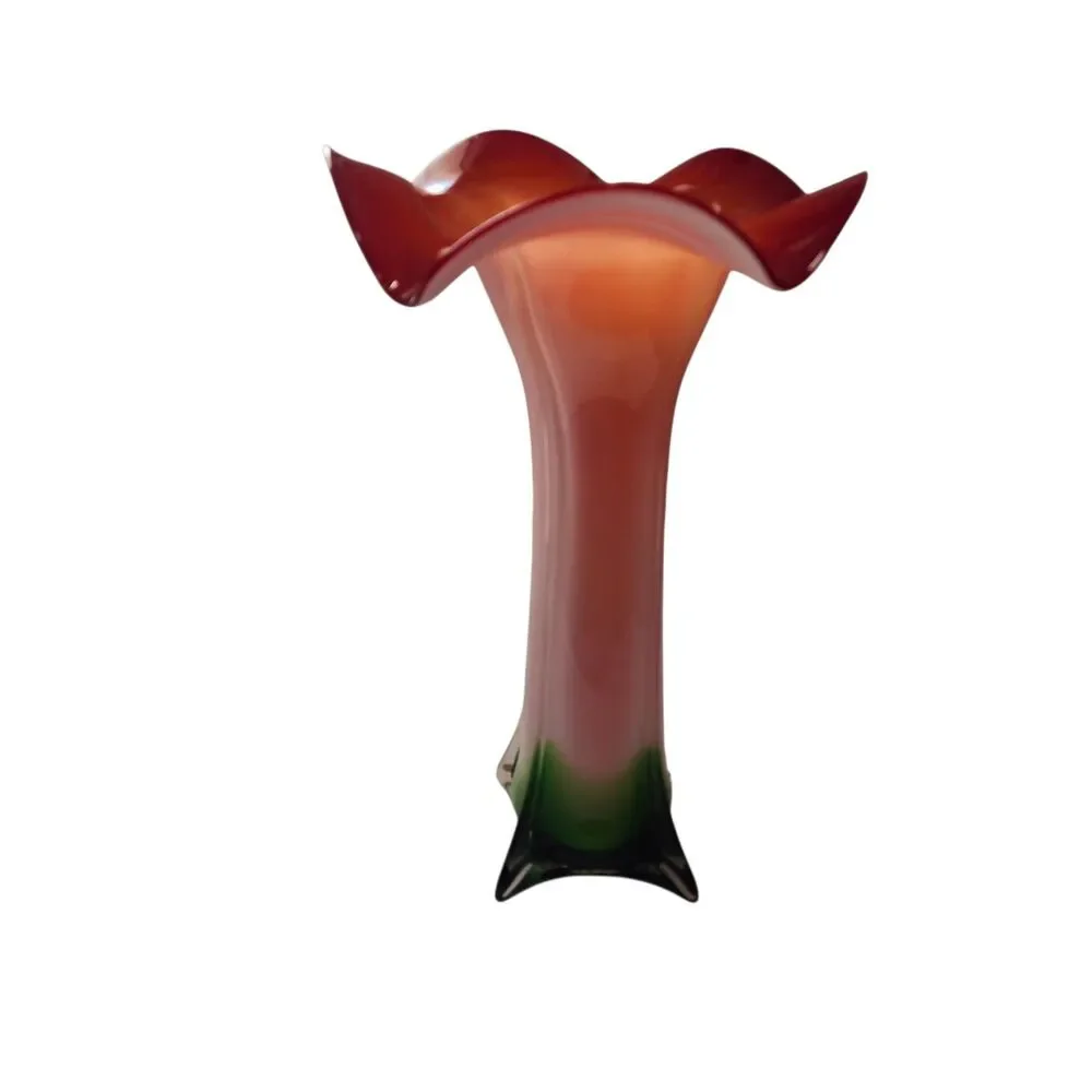Pier 1 Hand Blown Art Glass Vase Red Green Amber Ruffled‎ Fluted MCM Decor